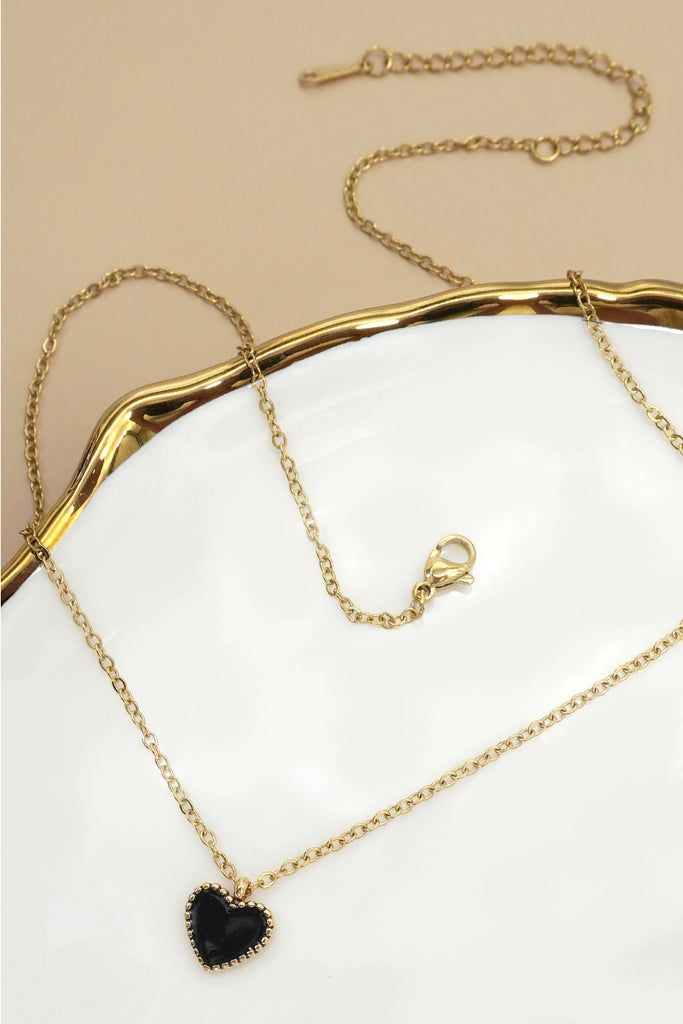 Enamel Heart Necklace - Black - BluePeppermint Boutique