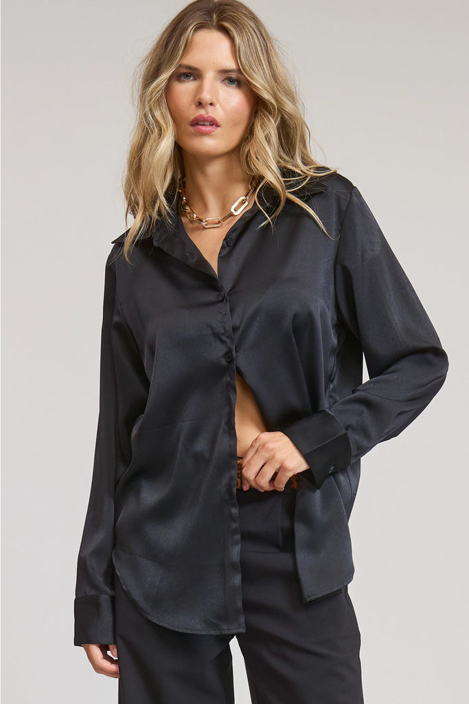 Deadline Satin Button Blouse - Black - BluePeppermint Boutique