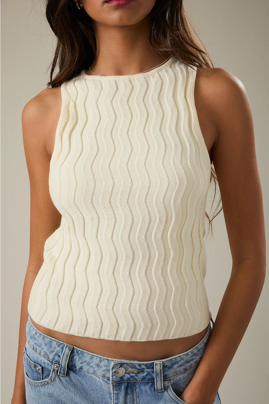 Structured Elegance Boat Neck Sleeveless Sweater - Ivory