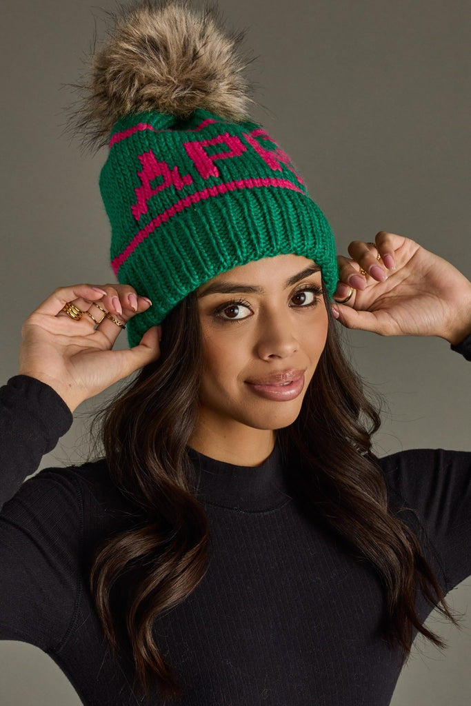 Green & Pink Apres Pom Beanie - BluePeppermint Boutique