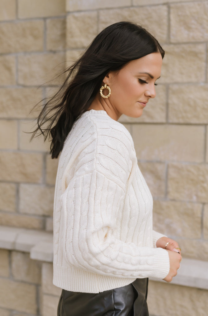 Kyle Cable Knit Crop Sweater-Cream - BluePeppermint Boutique