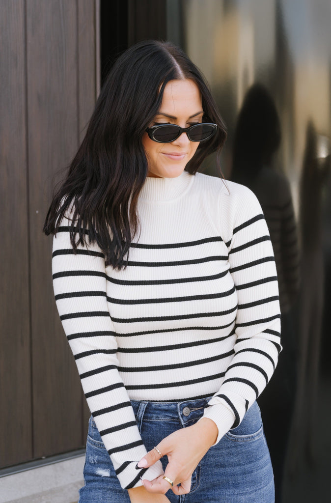 Mock yea! Mock Neck Striped Sweater-Ivory - BluePeppermint Boutique