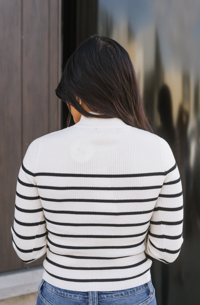 Mock yea! Mock Neck Striped Sweater-Ivory - BluePeppermint Boutique