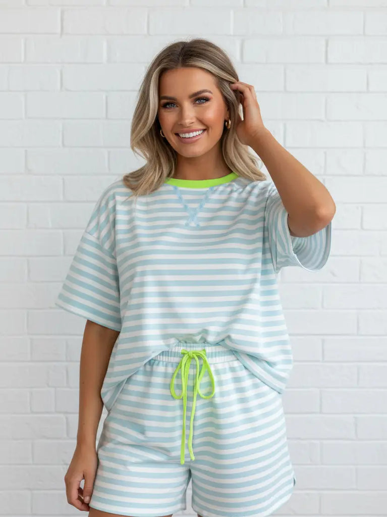 Sky High Stripe Contrast Neck Shorts - Sky Blue Stripe