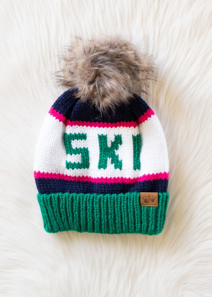 Green/Navy Ski Pom Beanie - BluePeppermint Boutique