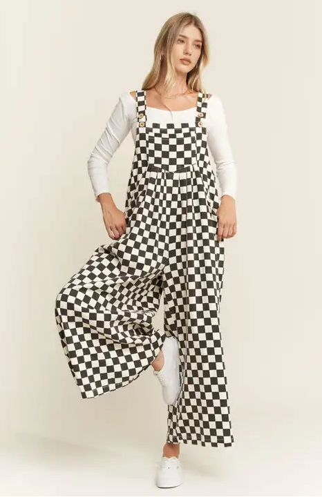 Victory Lap Checkered Denim Wide Leg Overall - Cream/Black