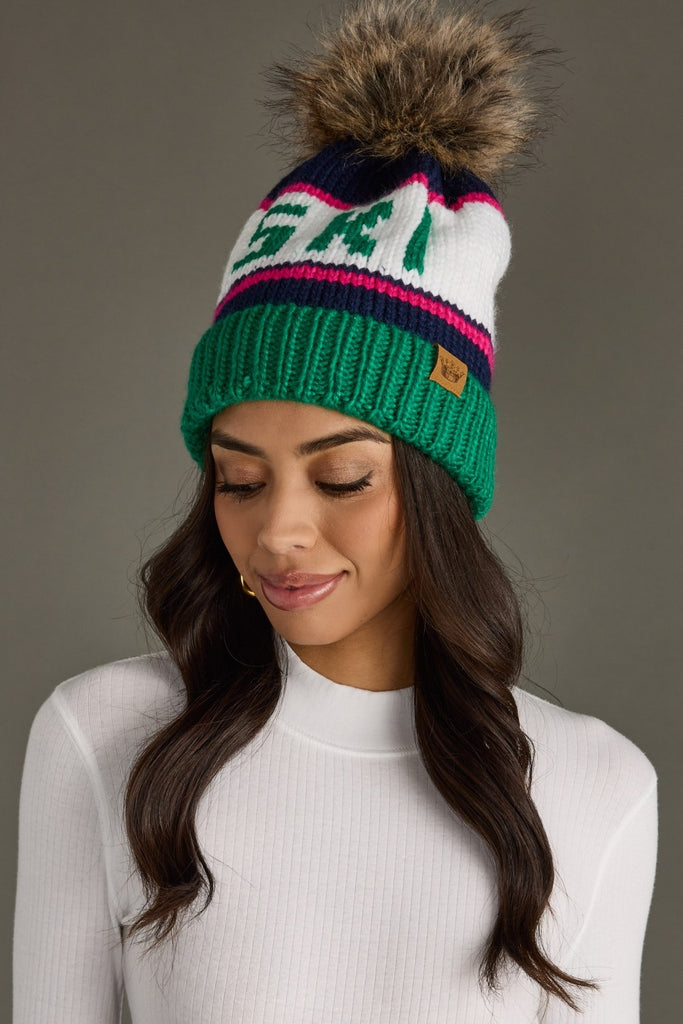 Green/Navy Ski Pom Beanie - BluePeppermint Boutique
