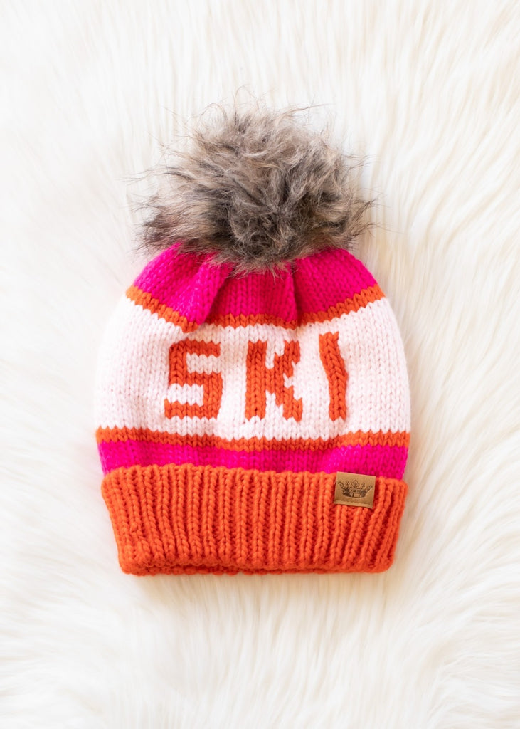 Pink/Orange Ski Pom Beanie - BluePeppermint Boutique