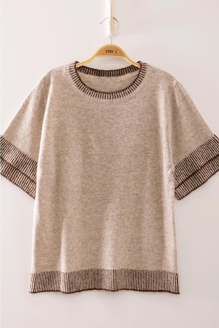 Double Shot Contrast Rib Knit Top - Mocha/Choco | BluePeppermint