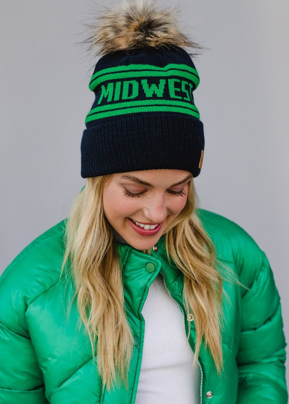 Navy & Green Midwest Pom Beanie - BluePeppermint Boutique