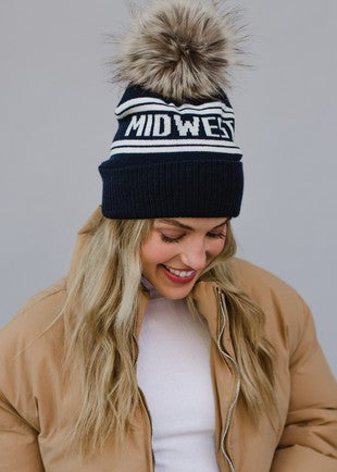Navy & White Midwest Pom Beanie - BluePeppermint Boutique