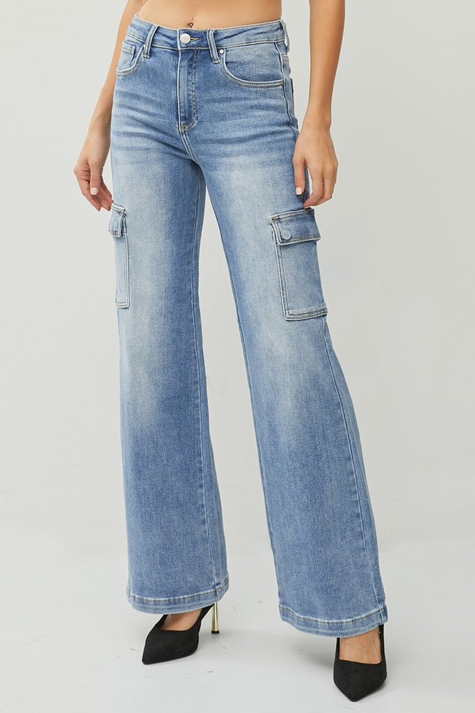 Sonic High Rise Wide Cargo Jeans - BluePeppermint Boutique