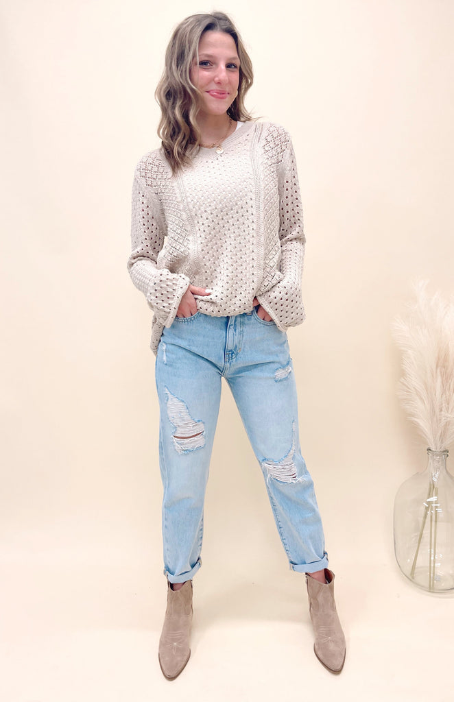 Elsie V-Neck Crochet Knit Sweater Natural - BluePeppermint Boutique