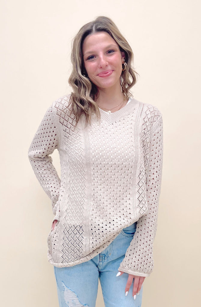 Elsie V-Neck Crochet Knit Sweater Natural - BluePeppermint Boutique