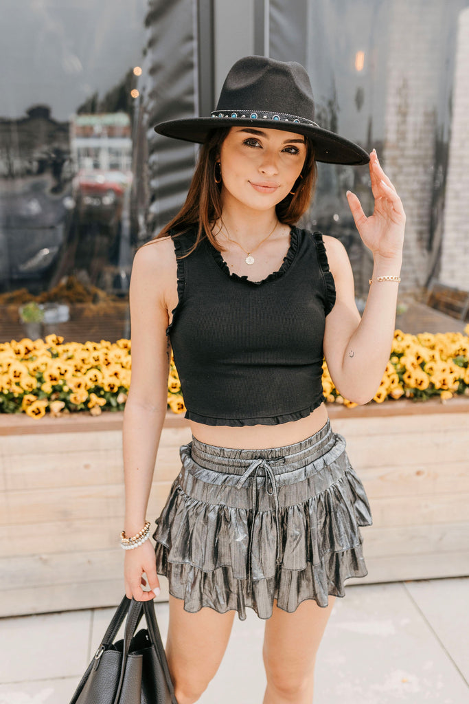 Nova Ruffle Trim Crop Top Black - BluePeppermint Boutique