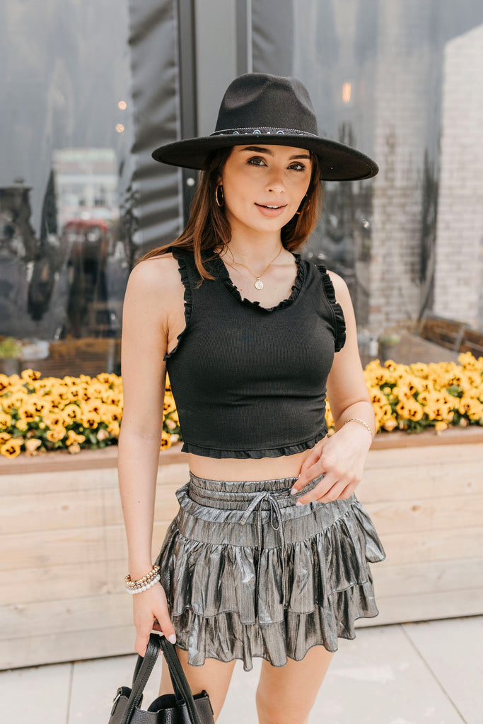 Nova Ruffle Trim Crop Top Black - BluePeppermint Boutique