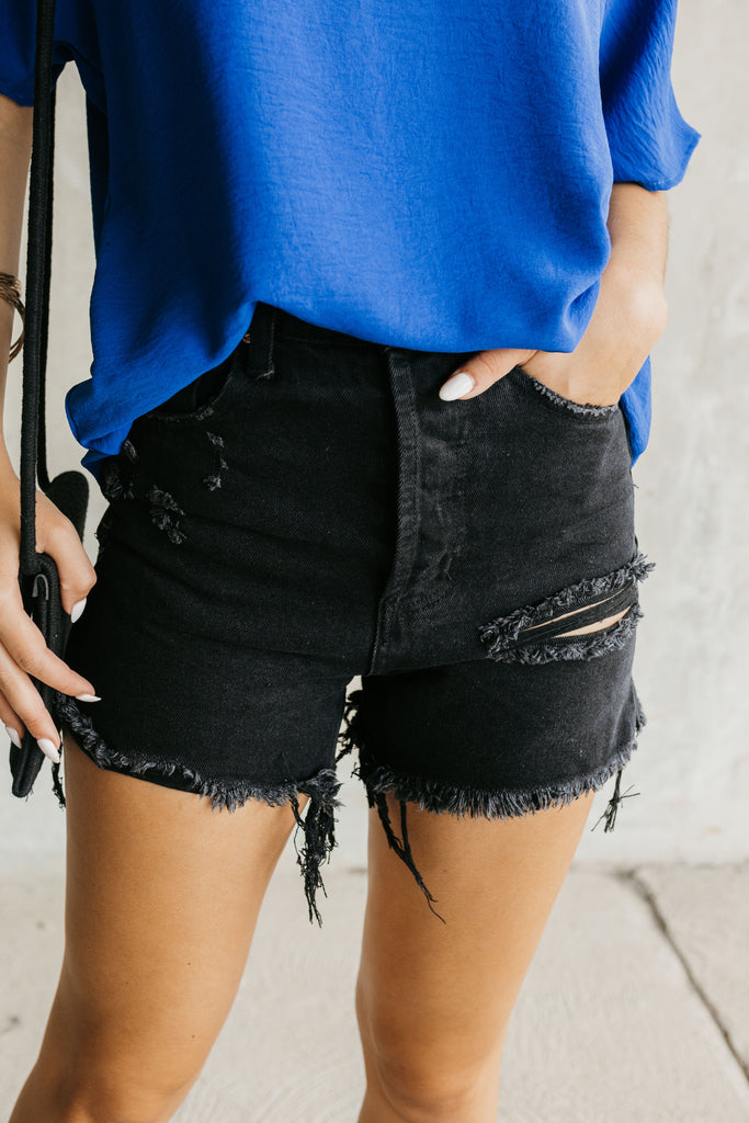 Emma High Rise Destroyed Shorts - BluePeppermint Boutique