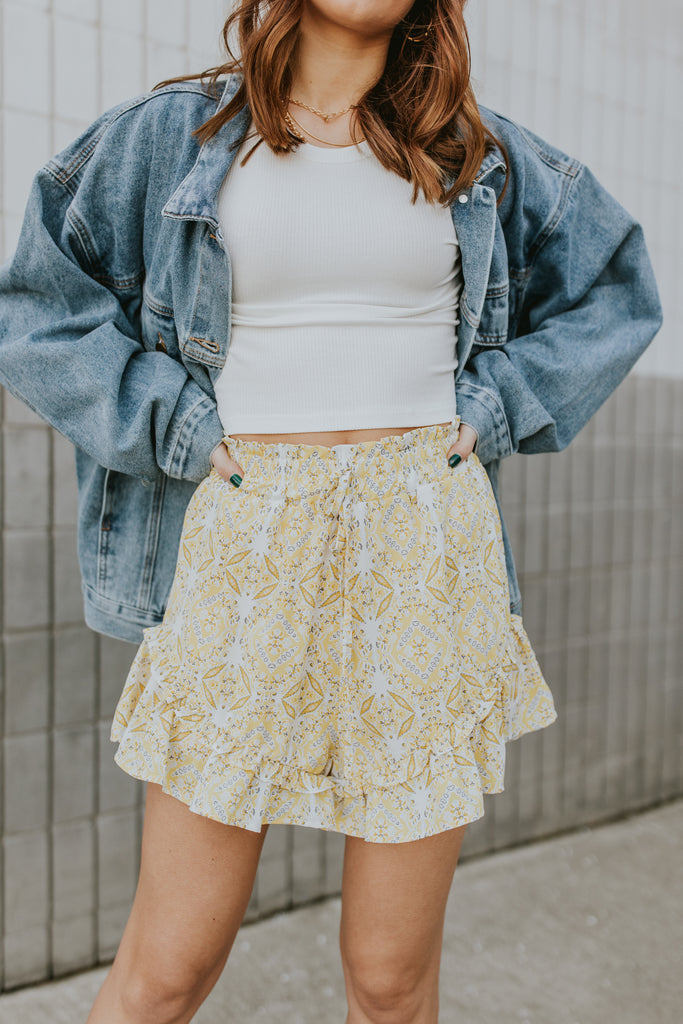 Holly Woven Print Shorts Yellow - BluePeppermint Boutique
