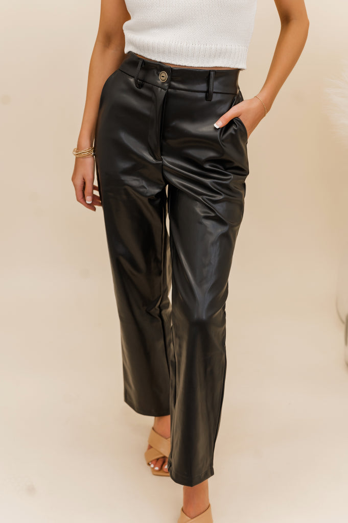Colleen Faux Leather Straight Pants Black - BluePeppermint Boutique