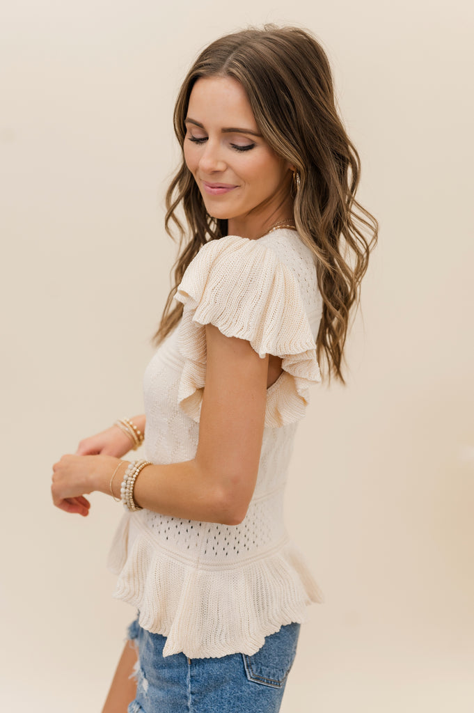 Lizzi Crochet Knit Peplum Top Natural - BluePeppermint Boutique