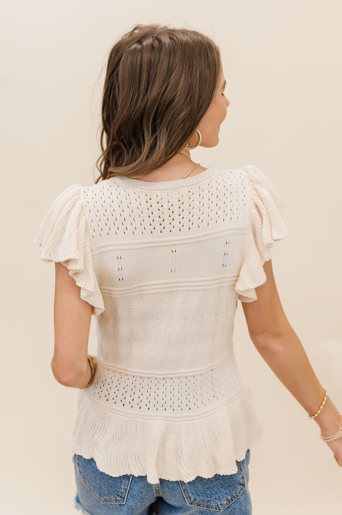 Lizzi Crochet Knit Peplum Top Natural - BluePeppermint Boutique
