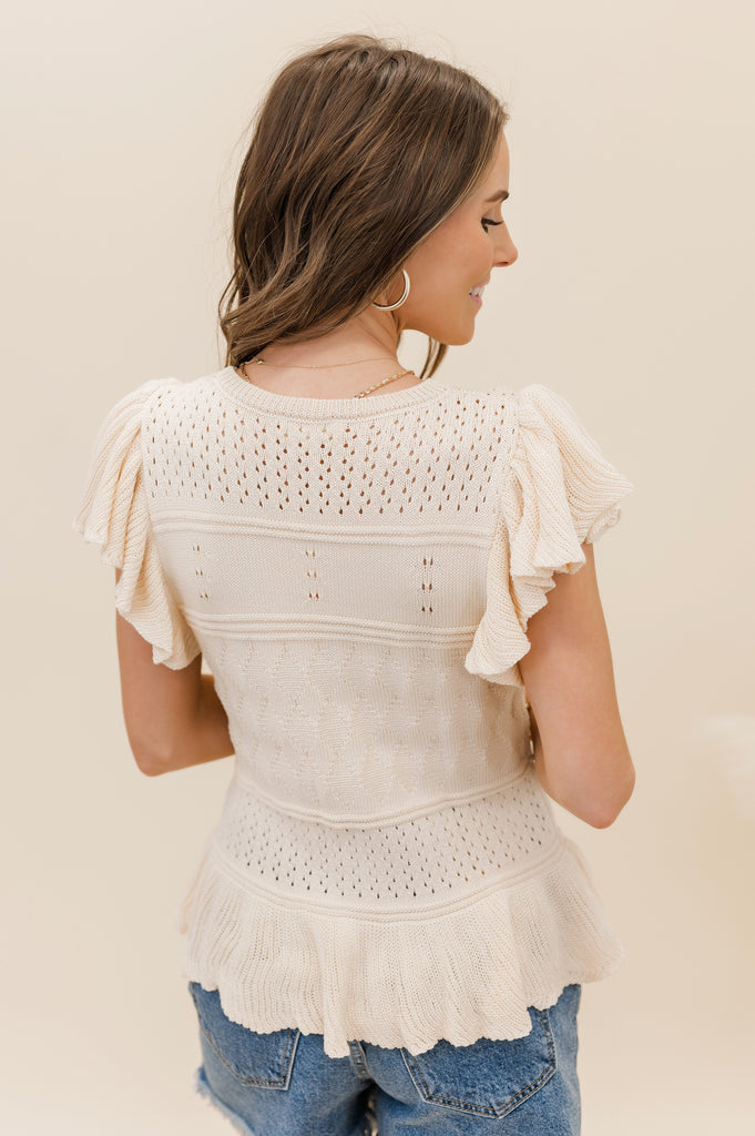 Lizzi Crochet Knit Peplum Top Natural - BluePeppermint Boutique