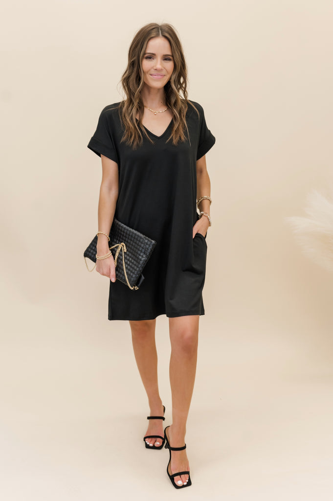 Camren Basic V-Neck Dress Black - BluePeppermint Boutique