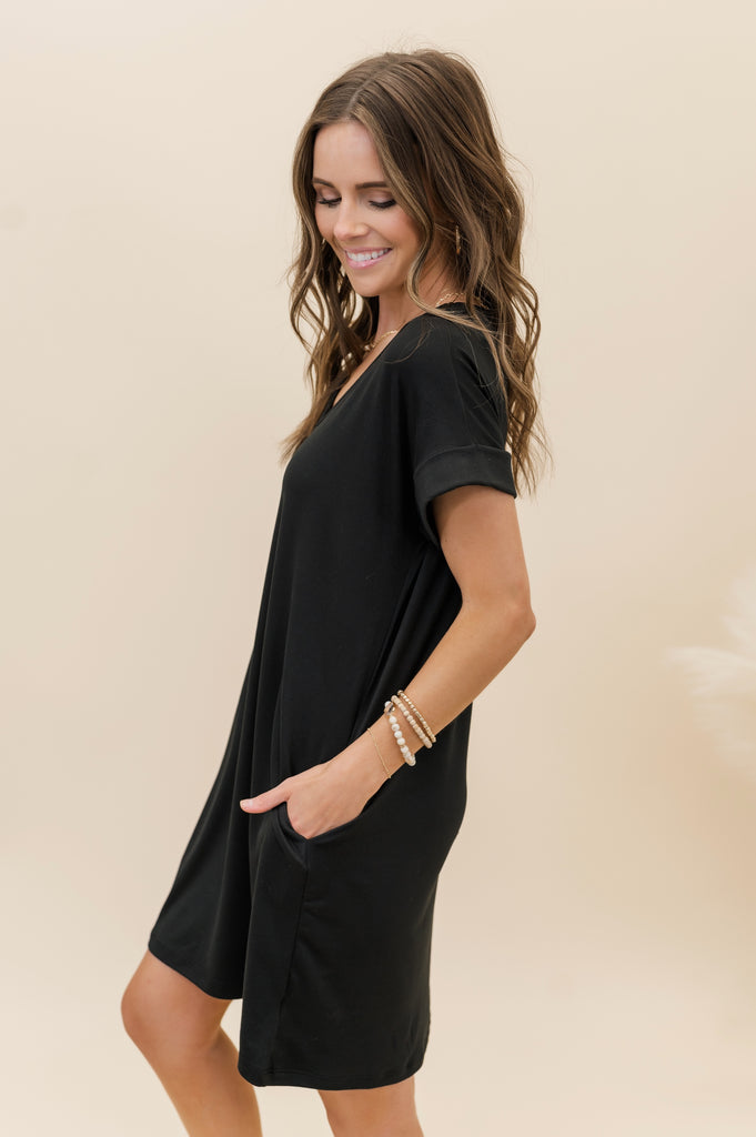 Camren Basic V-Neck Dress Black - BluePeppermint Boutique