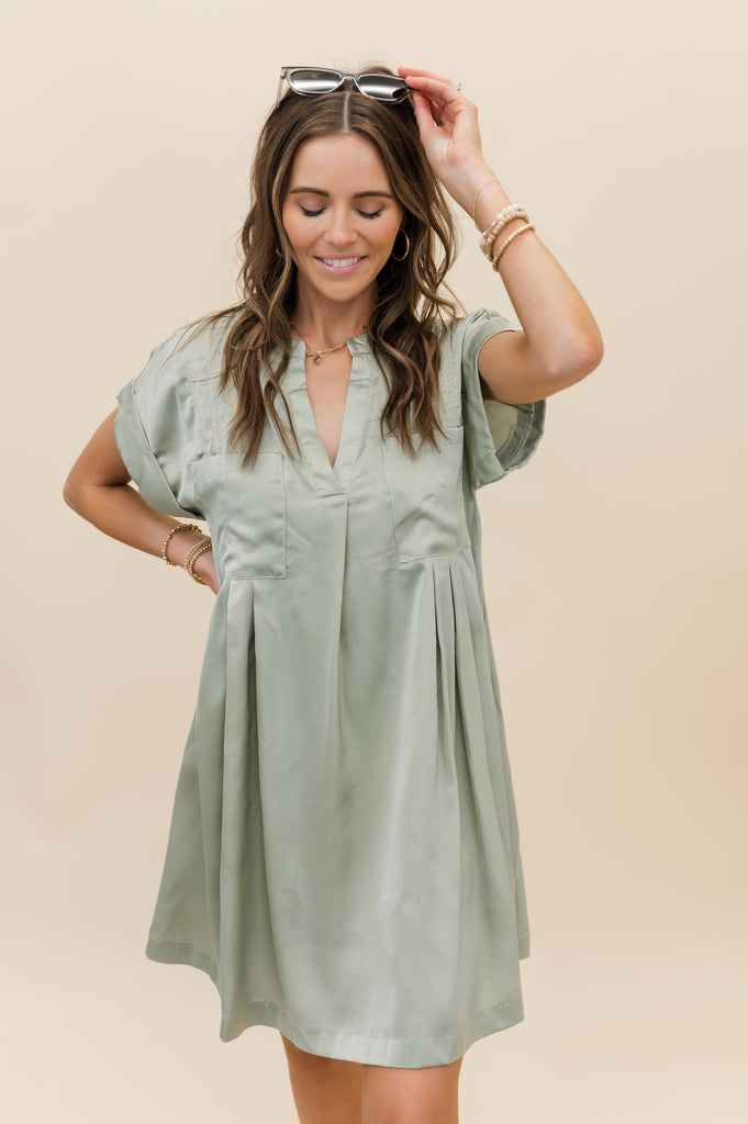 Rachel Front Pleated Satin Dress - BluePeppermint Boutique