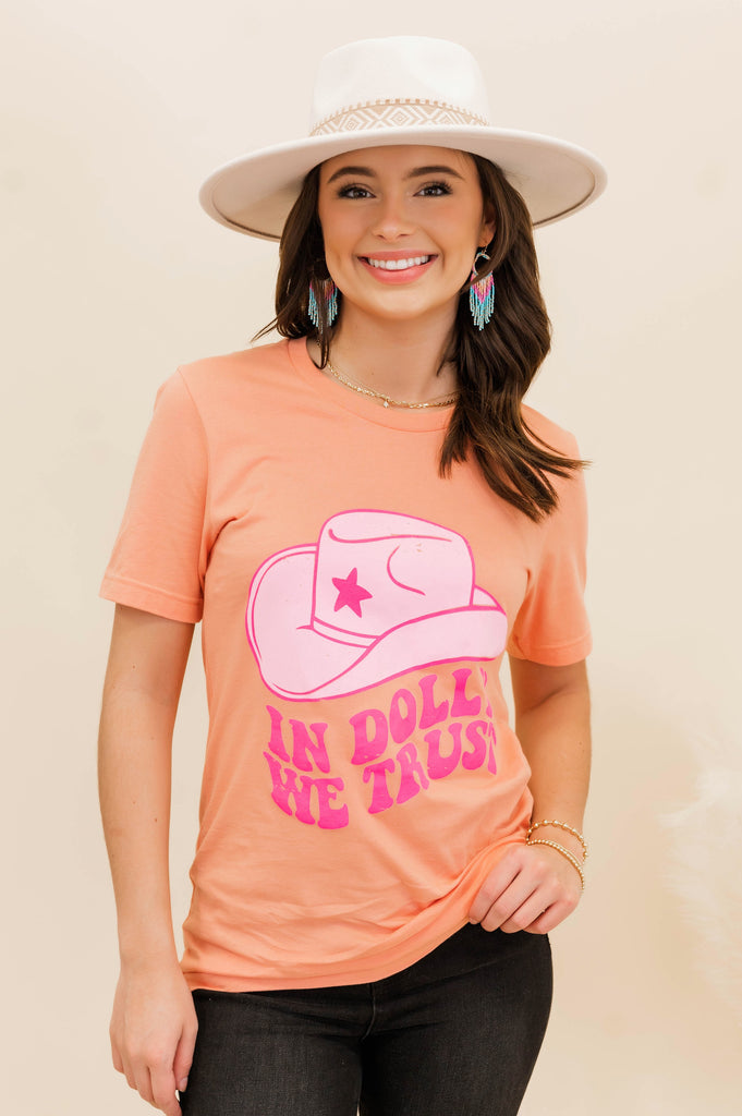 In Dolly We Trust Graphic Tee Coral - BluePeppermint Boutique