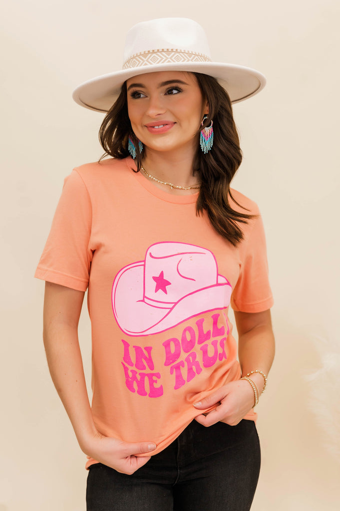 In Dolly We Trust Graphic Tee Coral - BluePeppermint Boutique