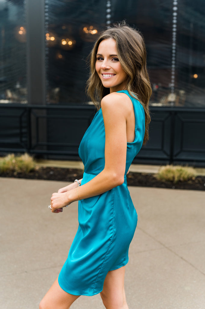 Melissa One Shoulder Dress Blue - BluePeppermint Boutique