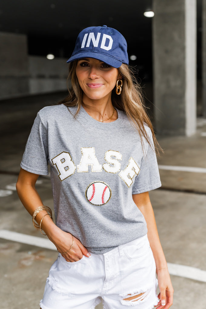 Baseball Chenille Graphic Tee Grey - BluePeppermint Boutique