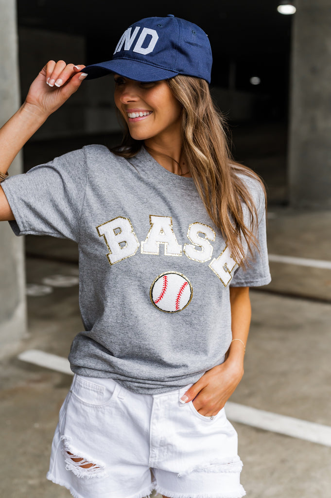 Baseball Chenille Graphic Tee Grey - BluePeppermint Boutique