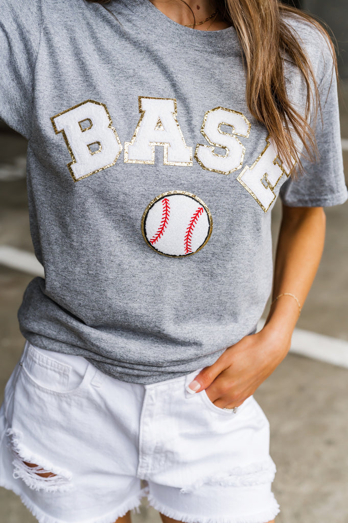 Baseball Chenille Graphic Tee Grey - BluePeppermint Boutique