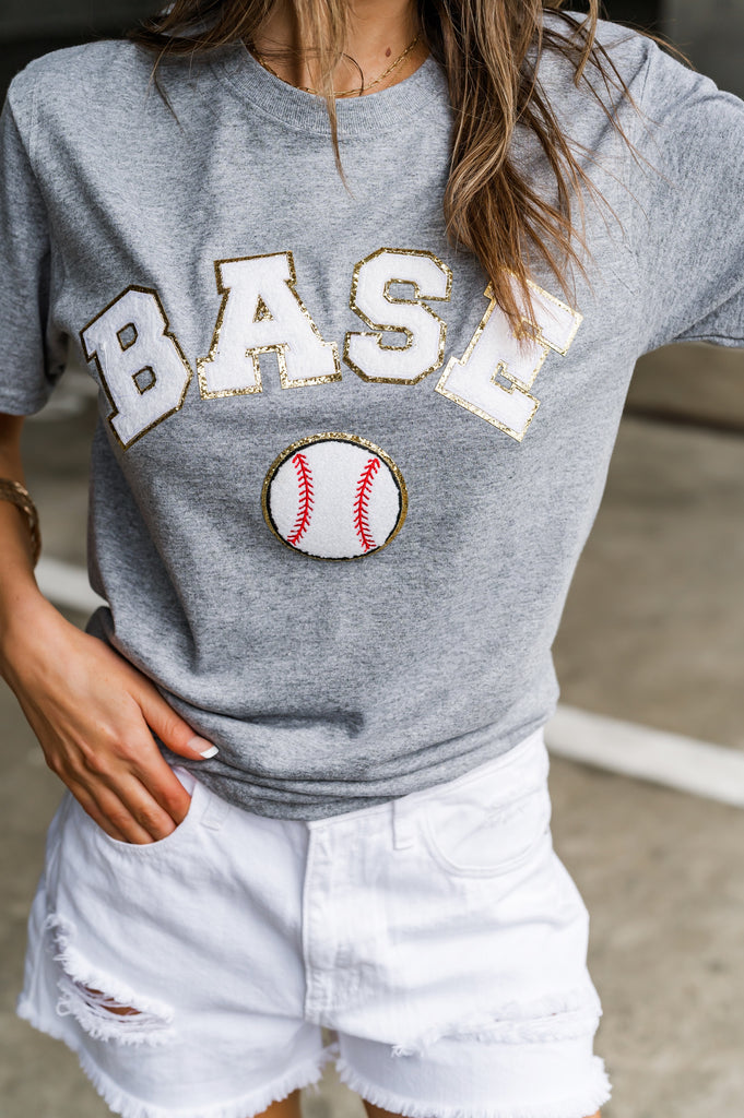 Baseball Chenille Graphic Tee Grey - BluePeppermint Boutique