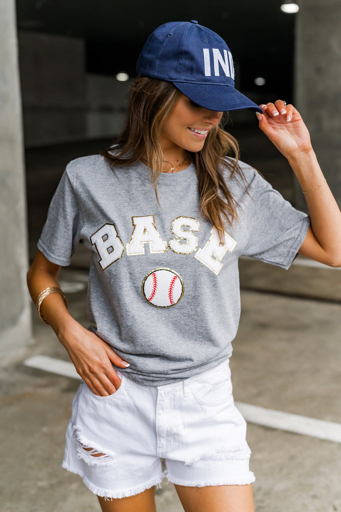Baseball Chenille Graphic Tee Grey - BluePeppermint Boutique