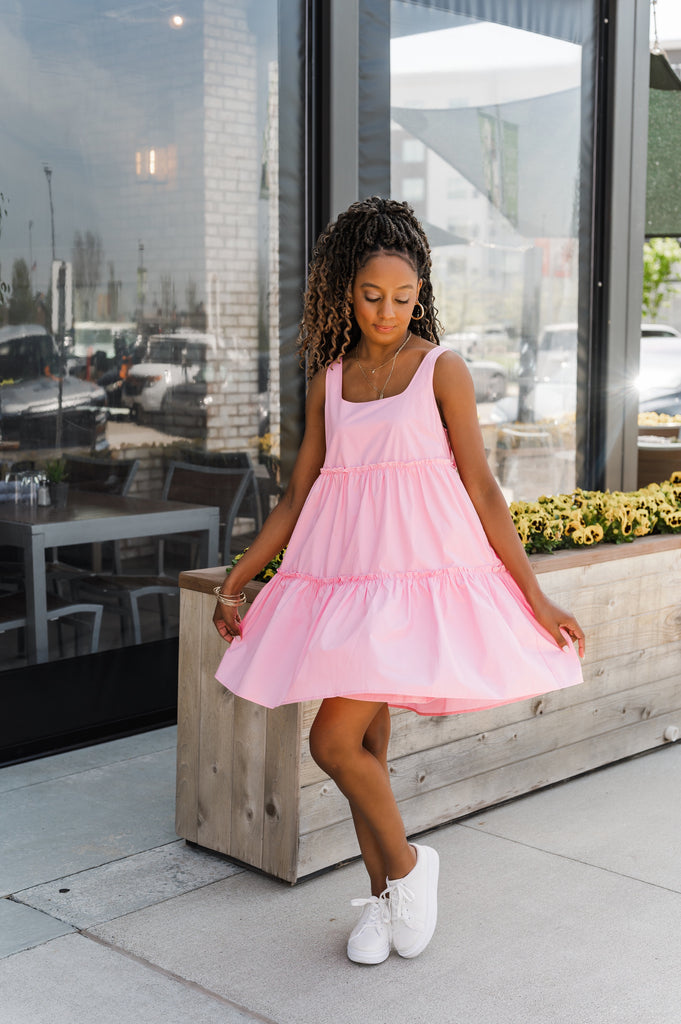 Sally Tiered Poplin Dress Pink - BluePeppermint Boutique