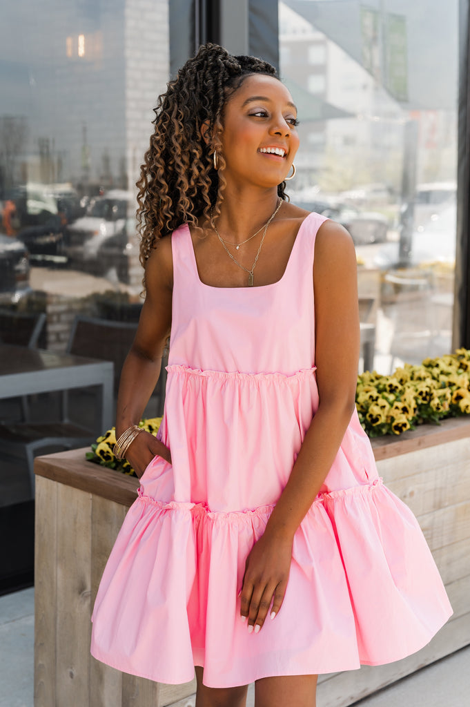 Sally Tiered Poplin Dress Pink - BluePeppermint Boutique