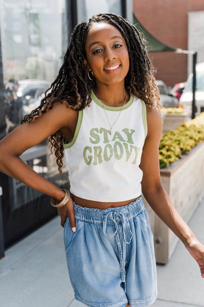 Stay Groovy Graphic Crop Top - BluePeppermint Boutique