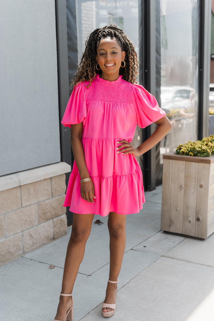 Georgia Mock Neck Babydoll Dress Pink - BluePeppermint Boutique