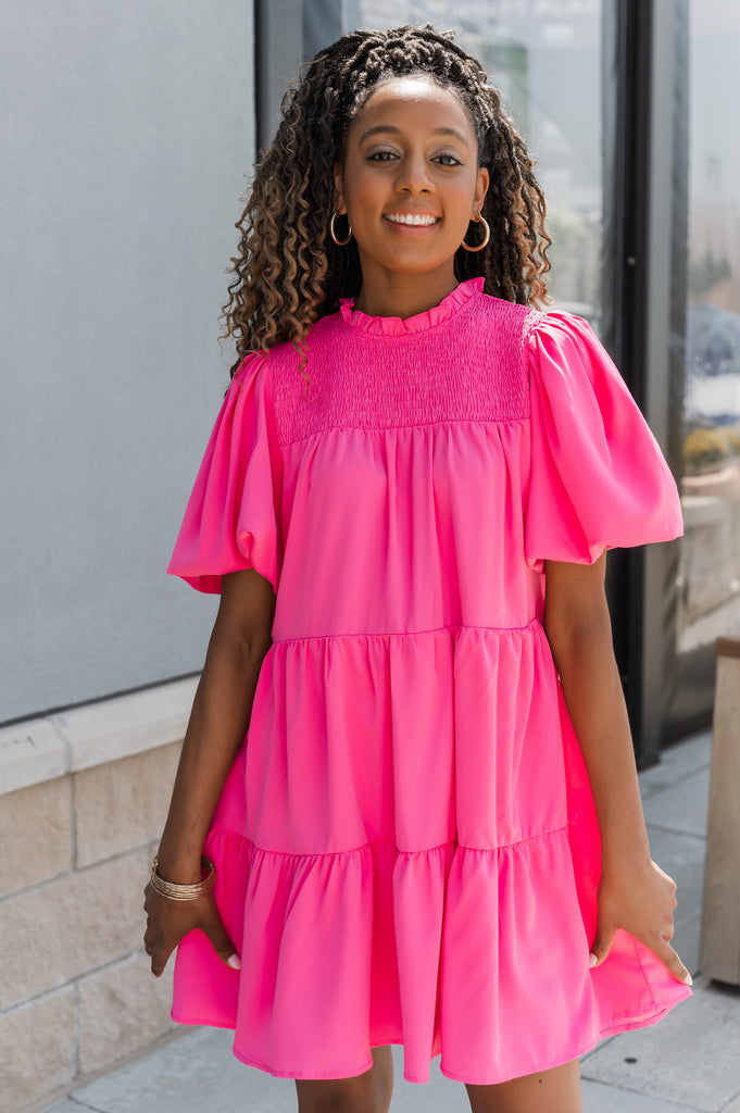 Georgia Mock Neck Babydoll Dress Pink - BluePeppermint Boutique