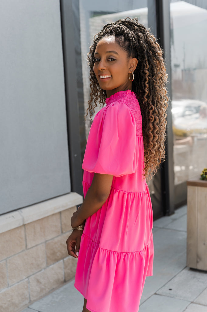 Georgia Mock Neck Babydoll Dress Pink - BluePeppermint Boutique