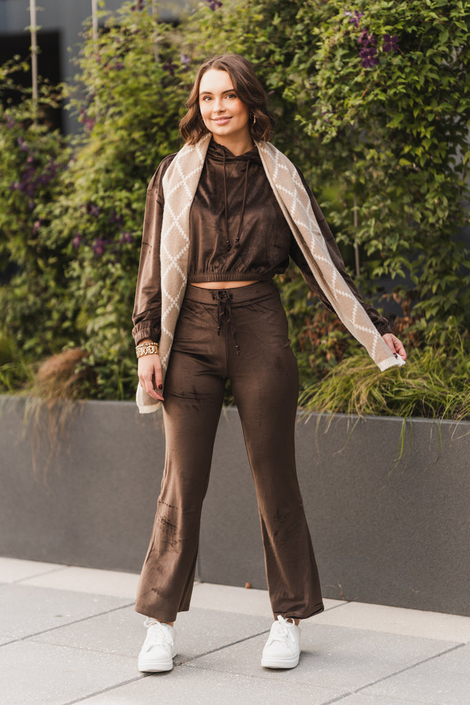 Kiara Cropped Velour Hoodie Chocolate - BluePeppermint Boutique