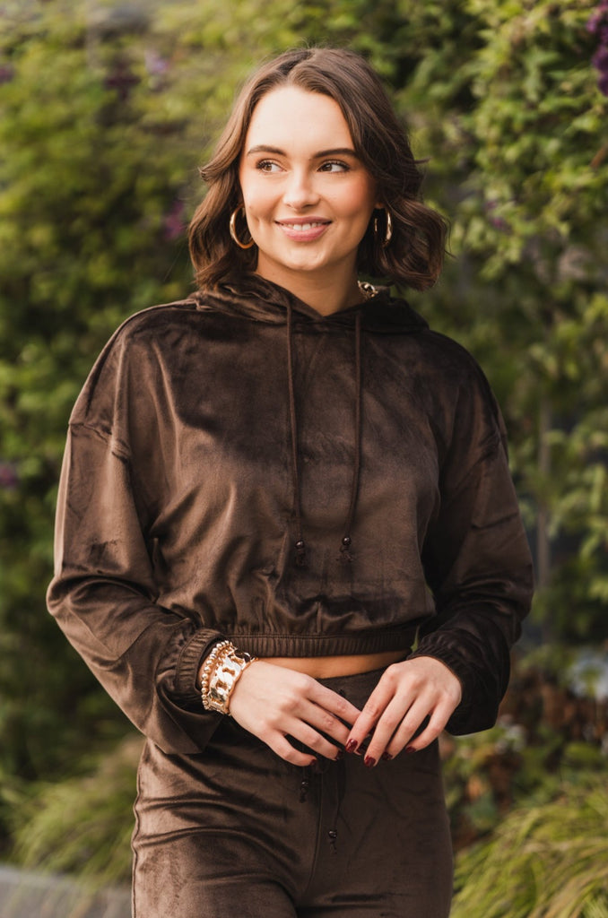 Kiara Cropped Velour Hoodie Chocolate - BluePeppermint Boutique