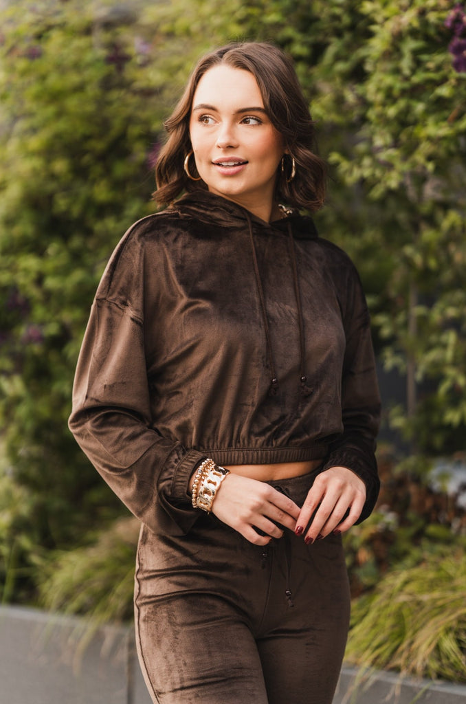 Kiara Cropped Velour Hoodie Chocolate - BluePeppermint Boutique