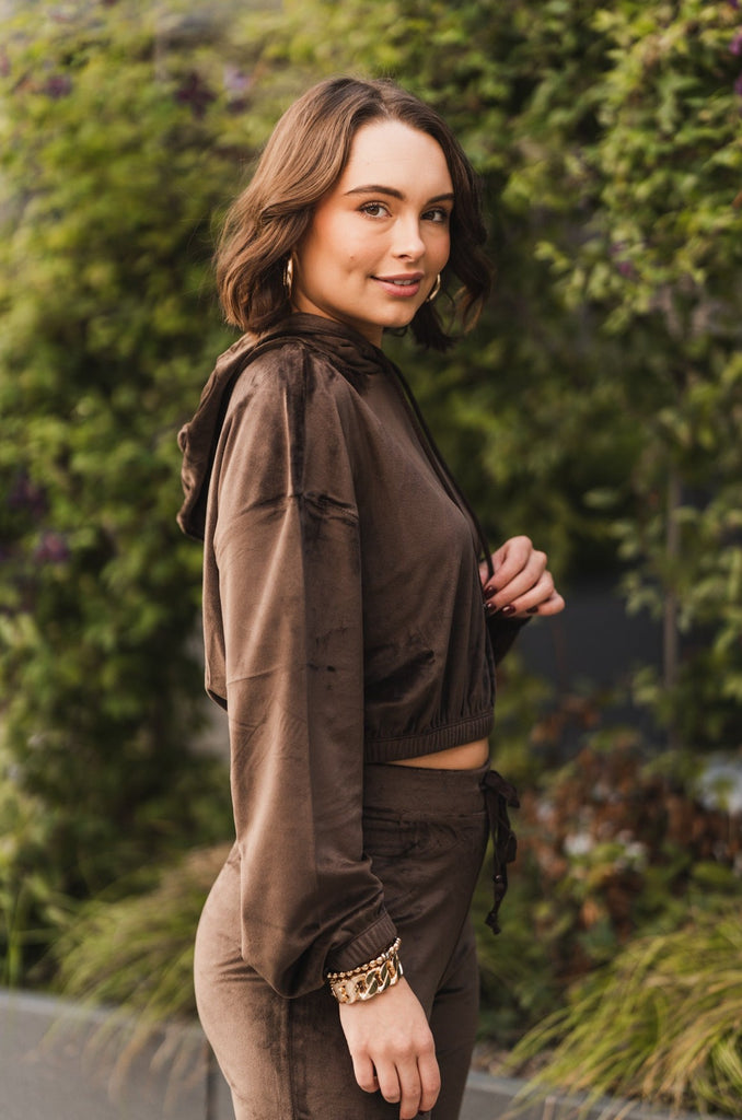 Kiara Cropped Velour Hoodie Chocolate - BluePeppermint Boutique