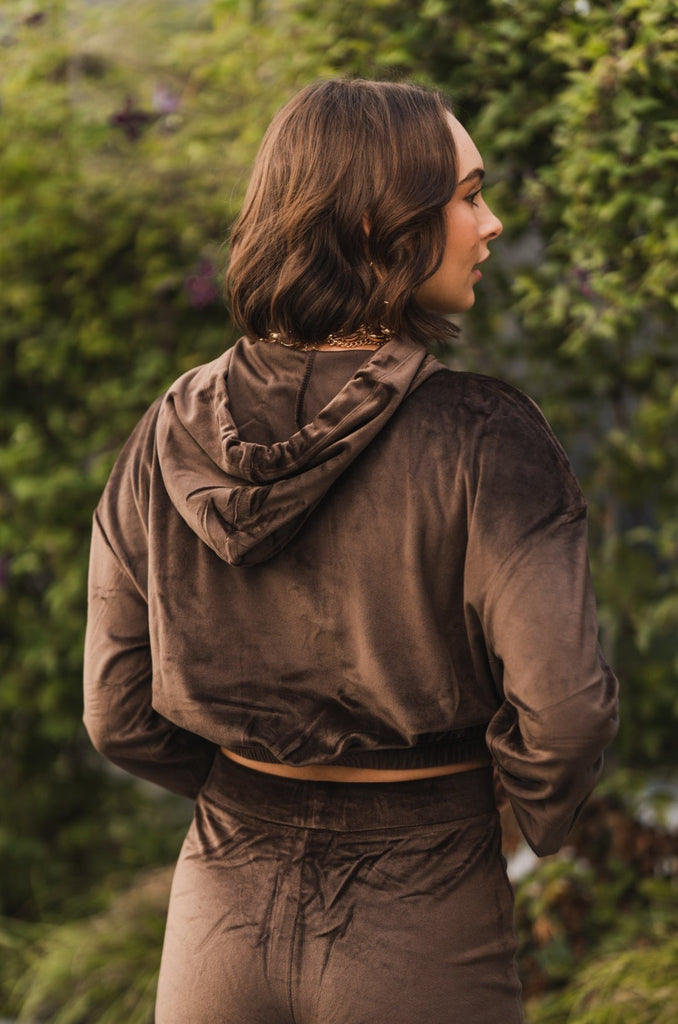 Kiara Cropped Velour Hoodie Chocolate - BluePeppermint Boutique