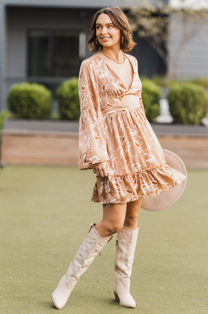 Steffi Abstract Flower Bell Sleeve Dress - BluePeppermint Boutique
