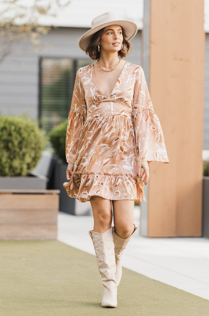 Steffi Abstract Flower Bell Sleeve Dress - BluePeppermint Boutique
